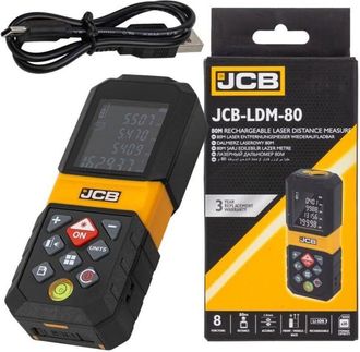 JCB Tel&eacute;metro L&aacute;ser Digital Lcd Jcb 80m, Medici&oacute;n Precisa De Hasta 80m, Precisi&oacute;n De +/- 3 Mm, C&aacute;lculo De &Aacute;rea Y Volumen, Pantalla Lcd, Cargador Usb-c, Id