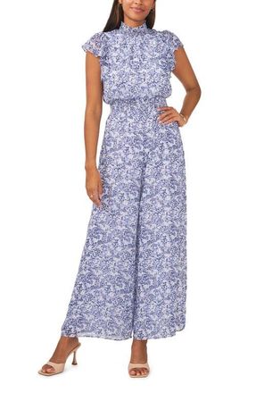 Chaus Floral Flutter Sleeve Mock Neck Jumpsuit in White/blue at Nordstrom, Size Medium