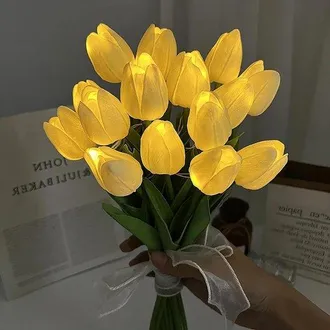 OEM Flores Artificiales Con Luz - Ramo De Tulipanes Artificiales - Decoraci&oacute;n Para Sala De Estar - Aspecto Realista - 15 Piezas - Amarillo Claro