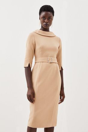Karen Millen Womens Tailored Structured Crepe Roll Neck Pencil Midi Dress - Beige viscose - Size 6 UK