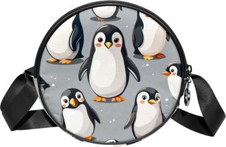 Generic Circle Crossbody Bag for Women, Cute Mini Penguins Group Small Sling Bag Daypack with Zipper Adjustable Shoulder Straps Casual Ladies Girls Round Purs