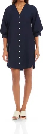 Karen Kane Lantern Sleeve Pearl Button Dress In Navy