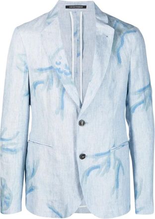 Emporio Armani Linnen blazer met grafische print - Heren - Blazers - Blauw - 2XL - Linnen - Jassen