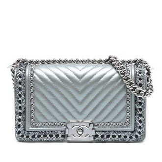 Chanel Pre-owned Womens Old Medium Chevron Lambskin And Braided Tweed Jacket Boy Flap - Silver Leather - One Size