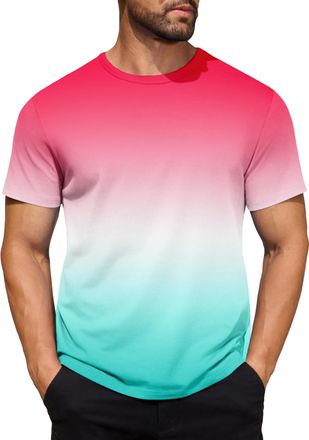 Generic Mens Gradient Striped Contrast T-Shirt Soft Breathable Cotton Crew Neck Short Sleeve Tees Casual Summer Gym Essentials