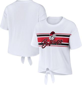 WEAR by Erin Andrews Womens WEAR by Erin Andrews White Georgia Bulldogs Striped Front Knot Cropped T-Shirt at Nordstrom, Size Xx-Large