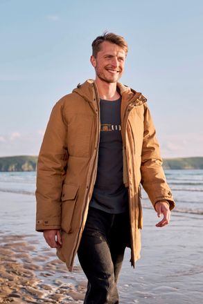 Mountain Warehouse Fistral Mens Borg Lined Parka with Side Pockets Water Resistant Windproof Coat Tan Cotton - Size X-Small