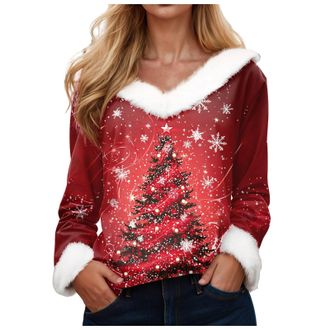 Generic Womens Christmas Sweatshirt 2025 V Neck Pullover Tops T-Shirts with Soft Long Sleeve Cozy Holiday Sweater Feature Classic Christmas Tree and Snowflake