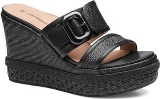 Johnston & Murphy Addison Buckle Platform Wedge Slide Sandal in Black Raffia/nappa Leather at Nordstrom, Size 8.5