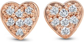 Pompeii3 14K Rose Gold Diamond Pave Petite Heart Studs Dainty High Polished 5.7MM