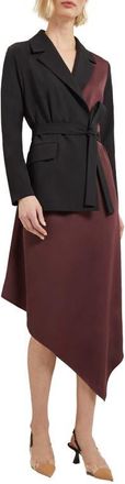 Misook Colorblock Tie Waist Long Sleeve Dress in Mahogany/Black at Nordstrom, Size Small