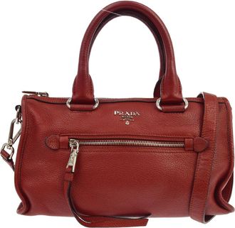 Prada Convertible Boston Vitello Daino Red Leather Handbag (Pre-Owned)