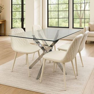 Kosy Koala Modern Rectangle Glass Dining Table Set With 4 Cream Gem Pattern Chair