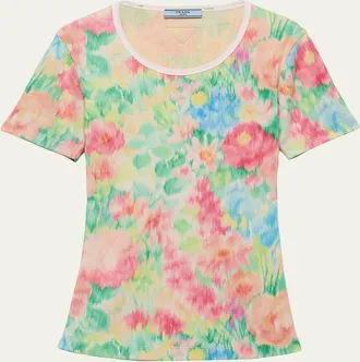 Prada Costina Flower-Print Short-Sleeve Top