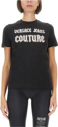 Versace Jeans Couture Embellished Logo T-Shirt - Dames - T-shirts - Zwart - S - Katoen - Tops