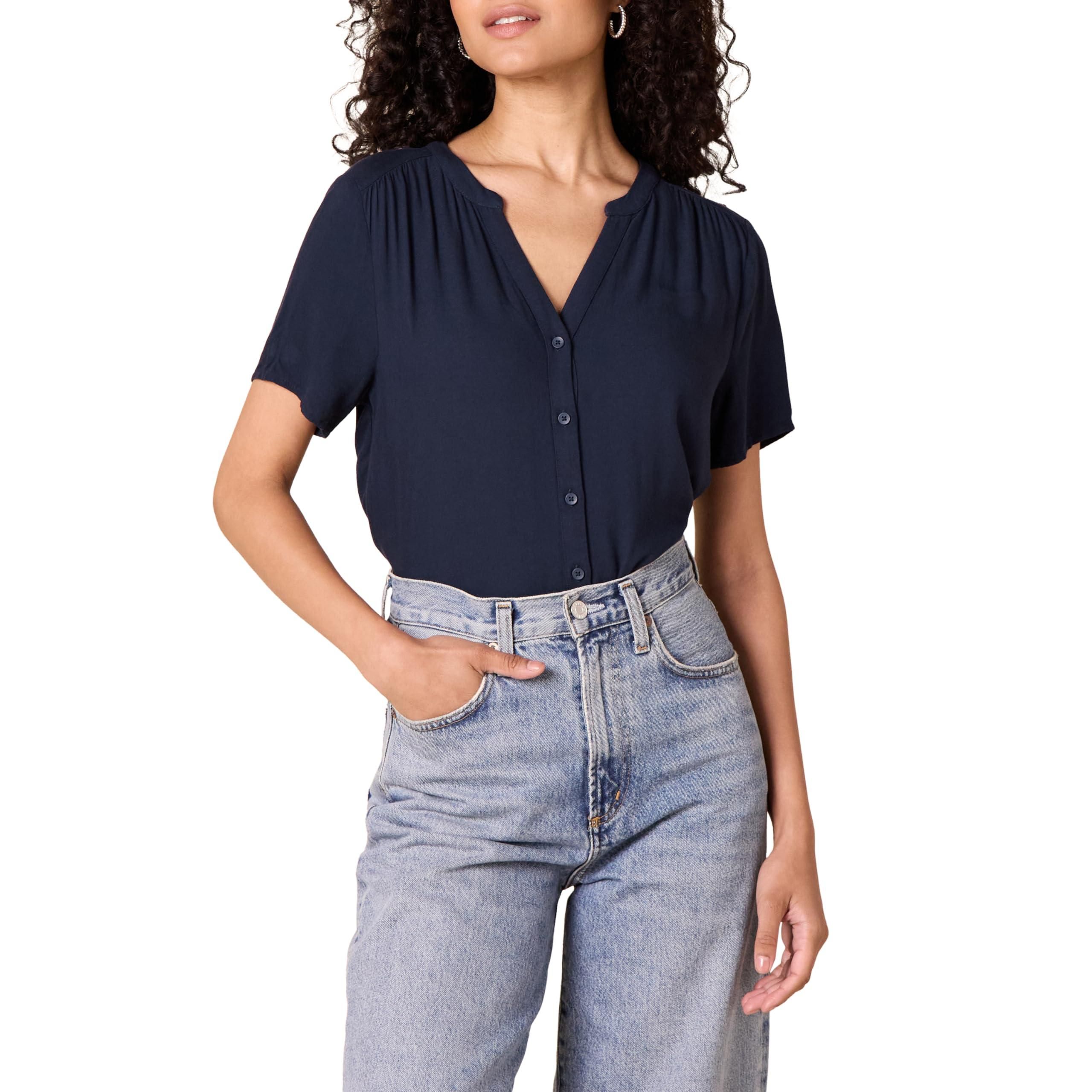 HOTOUCH Damen-Bluse Aus Baumwolle – Kurzärmlig, V-Ausschnitt, Mit Knopfleiste & Tasche, In 6 Farben