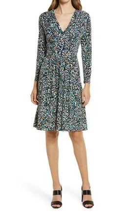 Maggy London Abstract Print Long Sleeve Fit & Flare Dress in Sapphire/Botanical Garden at Nordstrom, Size 6