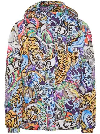Philipp Plein tattoo-print hooded puffer jacket - Blue