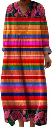 Generic Plus Size Dress Maxi Dresses for Women UK Blue Casual Holiday Sun Summer Dress Long Sleeve V-Neck Beach Plus Size Linen Cotton Summer for Women UK Mid