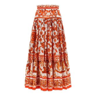Dolce & Gabbana Rokken, Dames, Oranje, S, Katoen, Lange rok met Majolica-print van popeline