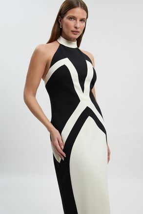 Karen Millen Womens Compact Stretch Colour Block Tailored Halter Neck Midi Dress - Monochrome Multi - Size 16 UK