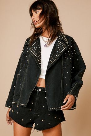 NASTY GAL Womens Premium Embellished Studded Denim Biker Jacket - Black viscose - Size Medium