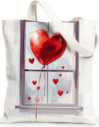 Generic Valentines Heart Canvas Tote Bag, Romantic Balloon Design Reusable Grocery Bags, Lightweight Washable Shoulder Strap Canvas Bags for Shopping Travel P