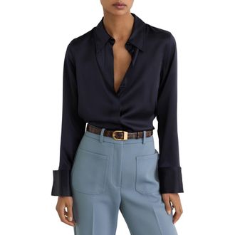 Reiss Ameira Silk Satin Button-Up Shirt in Navy at Nordstrom, Size 2 Us