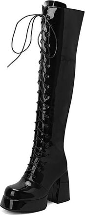Generic Womens Lace Up Over The Knee Boots with Side Zipper Patent Leather Thigh High Boots Block High Heel Platform Shoes for Party Prom,Black,5.5 UK