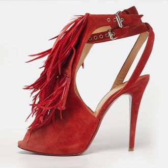 Aquazzura Red Suede Feather Embellished Ankle Strap Pumps