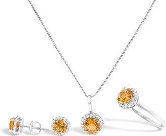 House of Brilliance 10K Gold Gemstone and 3/8 Cttw Diamond Halo Jewelry Set in White | Orange Citrine at Nordstrom