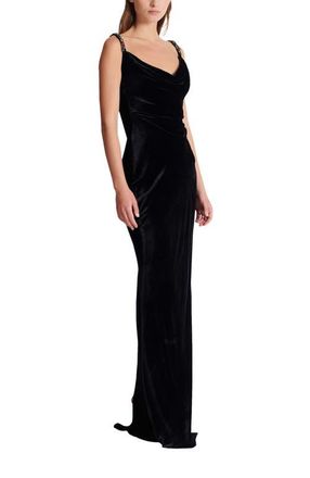 Balmain Long velvet dress with embellished straps in Black at Nordstrom, Size 36 Eu