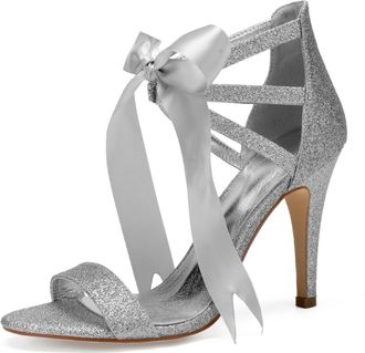 Generic High Bridal Shoes Womens Heels Sandal Wedding Bridal Shoes Open Toe Stiletto Heel Prom Party Dress Pumps 10.5Cm,Silver,6 UK