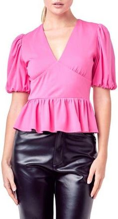 English Factory Puff Sleeve Peplum Top in Pink at Nordstrom Rack, Size X-Small