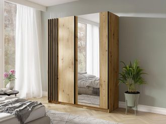 Vente-Unique Armadio 2 ante scorrevoli Con specchio L150 cm Naturale e Nero - CALELA