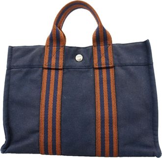 Herm&egrave;s Brown Navy Canvas Tote Bag (Pre-Owned)
