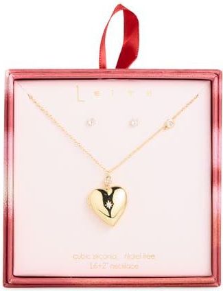 Leith Cubic Zirconia Stud Earrings & Heart Locket Set in Clear- Gold at Nordstrom Rack