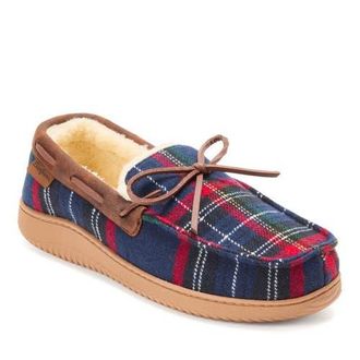 Dearfoams Pierce Microsuede Moccasin Slipper in Blue Plaid at Nordstrom, Size X-Large