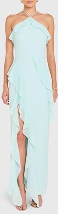 Amanda Uprichard Alessandra Halter Neck Ruffle Trim Gown in Cloud at Nordstrom, Size X-Small