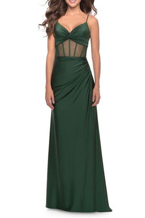 La Femme Illusion Bodice Dress with Boning and Twist Detail in Emerald at Nordstrom, Size 4