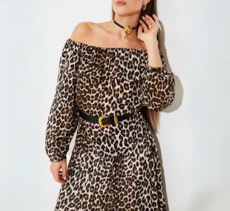 Suncoo Lola Leopard Print Off The Shoulder Blouse In Beige And Black