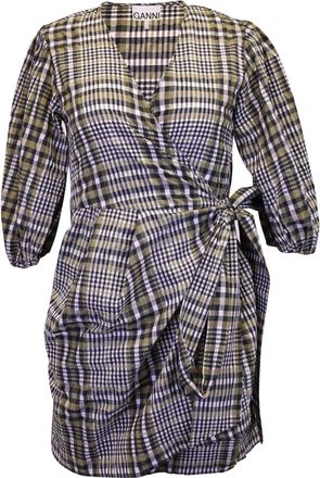 Ganni Ganni Wrap Mini Dress in Plaid Brown Cotton