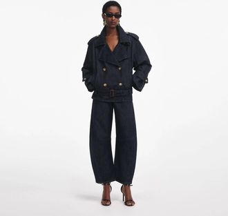 Self Portrait Denim Trench Jacket In Navy