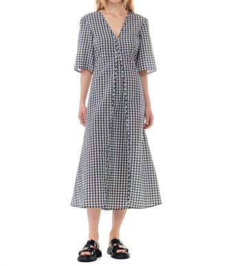 Ganni Seersucker Check V-Neck Long Dress In Egret