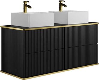 Vente-Unique Mobile bagno sospeso scanalature profilo dorato doppio lavabo da appoggio quadrato 120 cm Nero - KELIZA