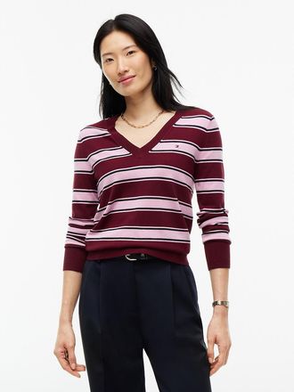Tommy Hilfiger Womens Lightweight Striped V-Neck Sweater - Burgundy - XXL