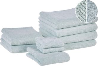Beliani Beliani - Conjunto De 9 Toallas De Algod&oacute;n Verde Menta Chevron Textura Suave Ba&ntilde;o Mitiaro