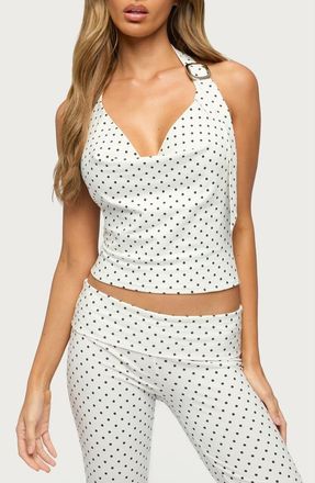 Edikted Eloisa Polka Dot Buckle Halter Top in White-And-Black at Nordstrom, Size X-Large