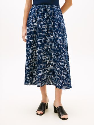 Tommy Hilfiger A-Linien-Rock TOMMY HILFIGER ESS LINEN FLARE MIDI SKIRT, Damen, Gr. L (42/44), flag feathers schwarz night navy, Web, Obermaterial: 100% Leinen, bedru