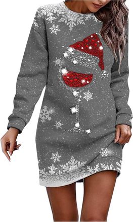 Generic Christmas Dresses for Women Oversized Christmas Dress Long Sleeve Jumper Crew Neck Xmas Graphic Print Sweatshirt Winter Casual Midi Dress Party Costum